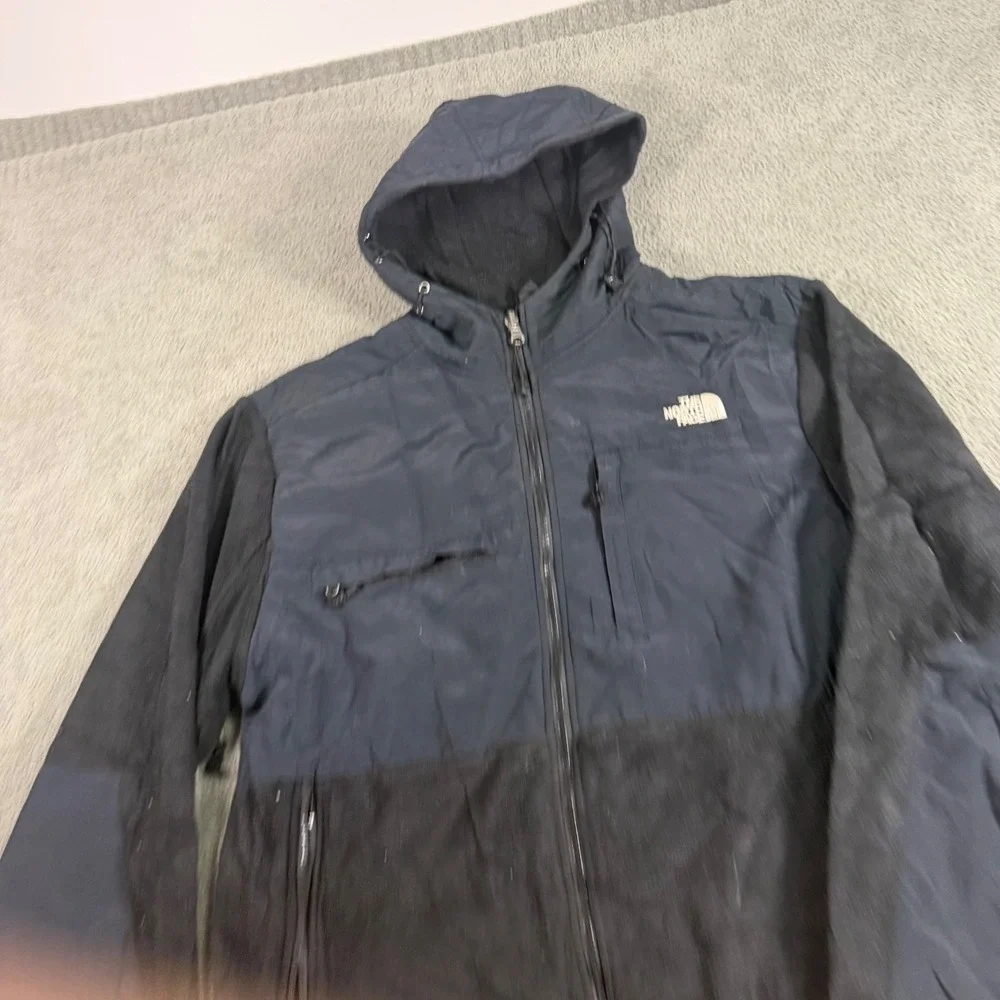 The North Face Mens Denali Hooded Fleece Jacket Navy Blue Black Full Zip Large